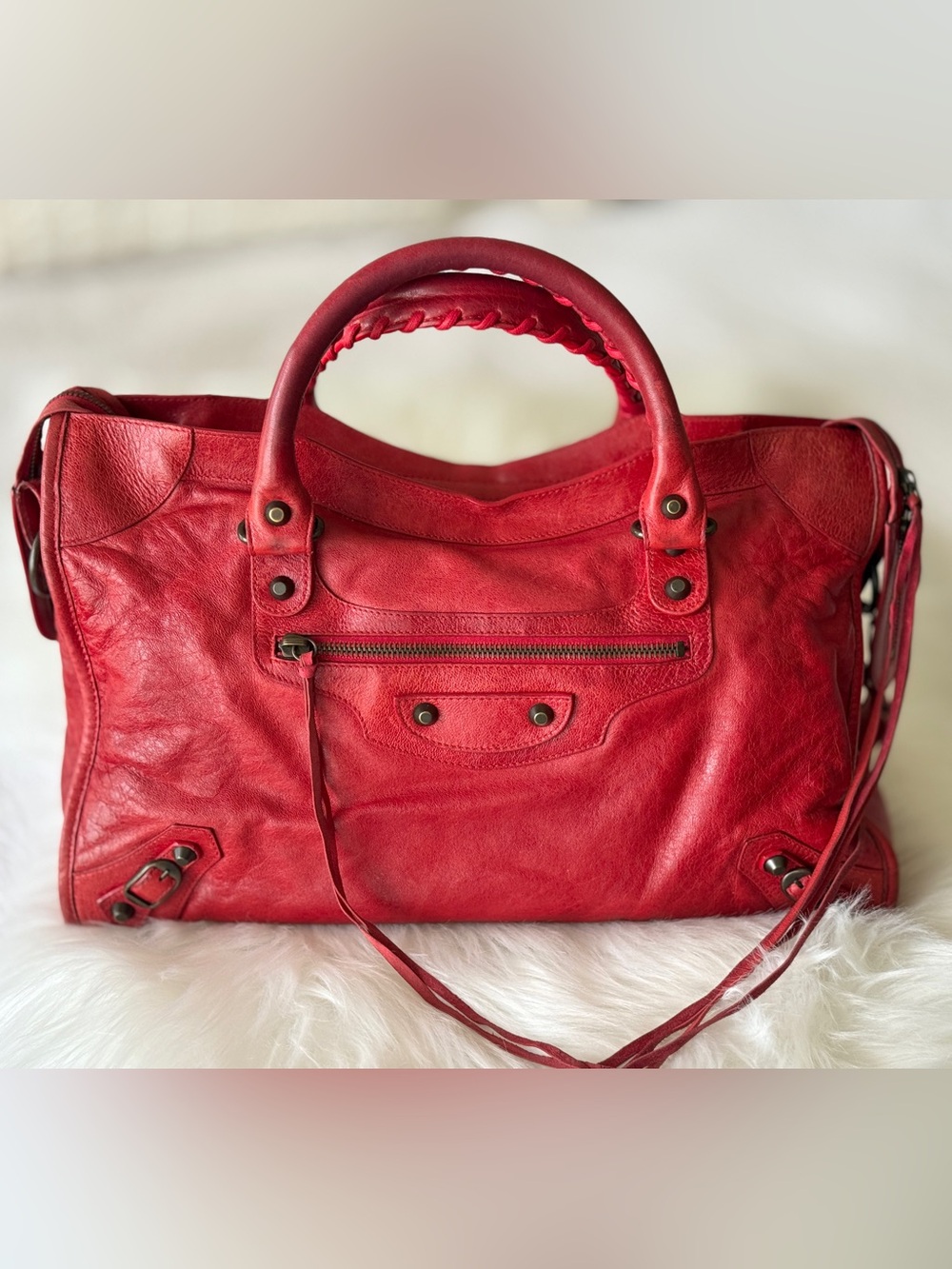BALENCIAGA CITY BAG BRIGHT RED CHÈVRE LEATHER S/S 2007 MOTO BAG VINTAGE